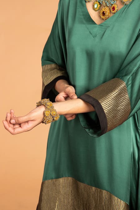 Buy_Vasstram_Green Modal, Satin Zari V-neck Heena Embroidered Panel Kaftan _Online_at_Aza_Fashions