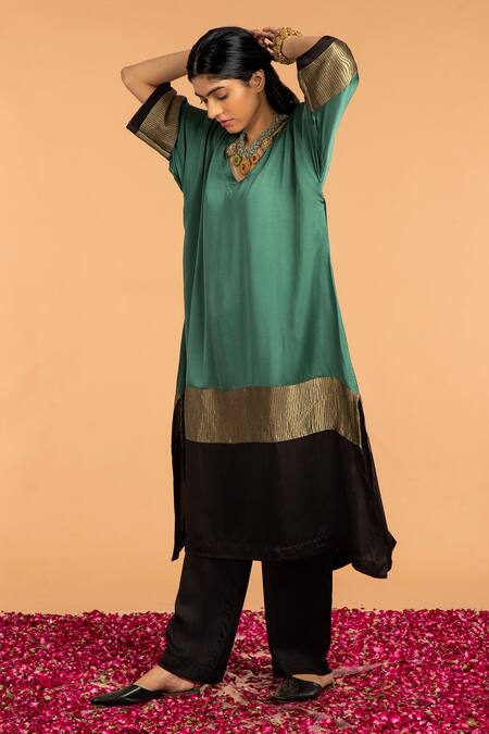 Shop_Vasstram_Green Modal, Satin Zari V-neck Heena Embroidered Panel Kaftan _Online_at_Aza_Fashions