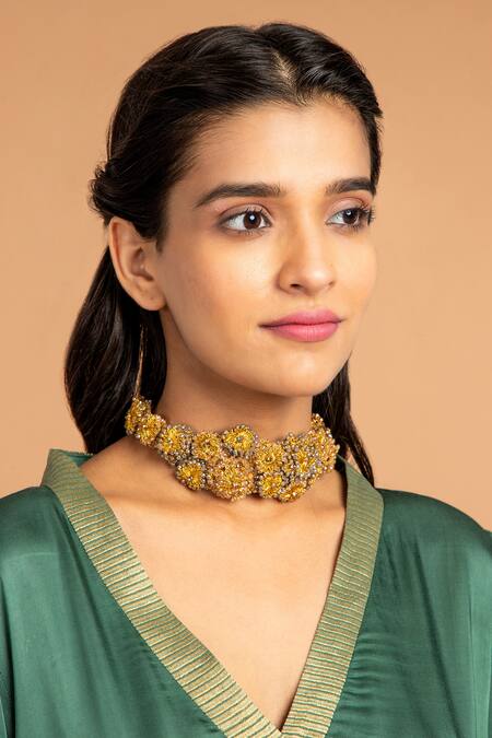 Vasstram Green Modal, Satin Embroidery V-neck Gehna Zari Asymmetric Tunic Online at Aza Fashions Vasstram_Green Modal, Satin Embroidery V-neck Gehna Zari Asymmetric Tunic _Online_at_Aza_Fashions