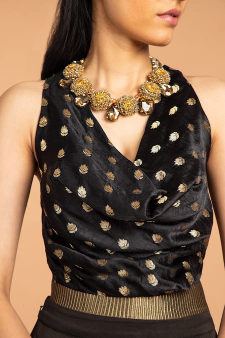 Vasstram Black Brocade Embroidery, Zari Cowl Neck Floral Buti Top Online at Aza Fashions Vasstram_Black Brocade Embroidery, Zari Cowl Neck Floral Buti Top _Online_at_Aza_Fashions