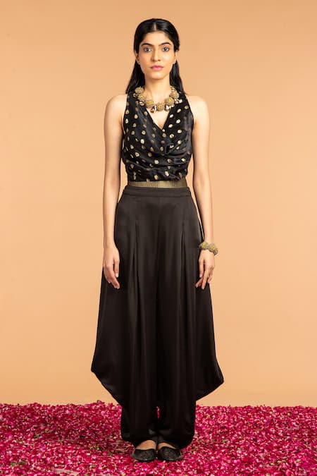 Buy Vasstram Black Brocade Embroidery, Zari Cowl Neck Floral Buti Top Online at Aza Fashions Buy_Vasstram_Black Brocade Embroidery, Zari Cowl Neck Floral Buti Top _Online_at_Aza_Fashions