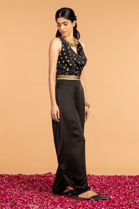 Shop Vasstram Black Brocade Embroidery, Zari Cowl Neck Floral Buti Top Online at Aza Fashions Shop_Vasstram_Black Brocade Embroidery, Zari Cowl Neck Floral Buti Top _Online_at_Aza_Fashions
