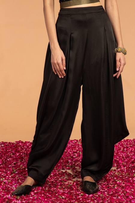 Vasstram_Black Modal Satin Solid Pleated Dhoti Pant_Online_at_Aza_Fashions
