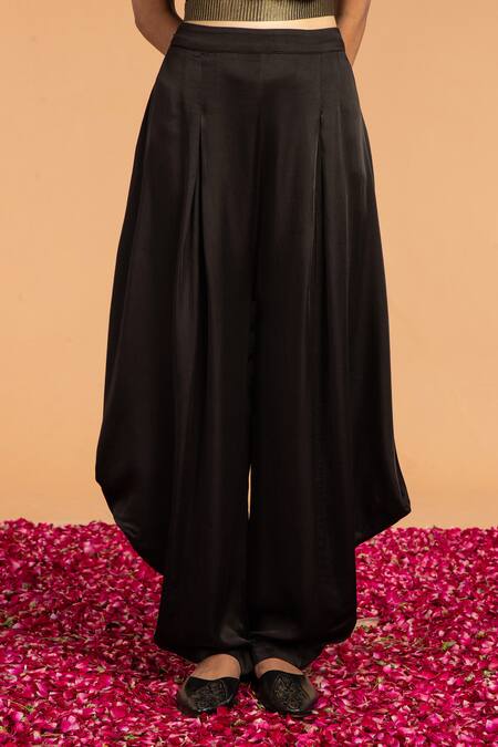 Buy_Vasstram_Black Modal Satin Solid Pleated Dhoti Pant_Online_at_Aza_Fashions