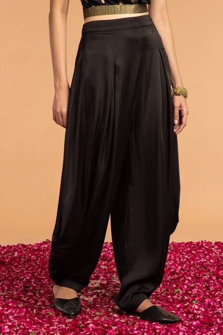 Shop_Vasstram_Black Modal Satin Solid Pleated Dhoti Pant_Online_at_Aza_Fashions