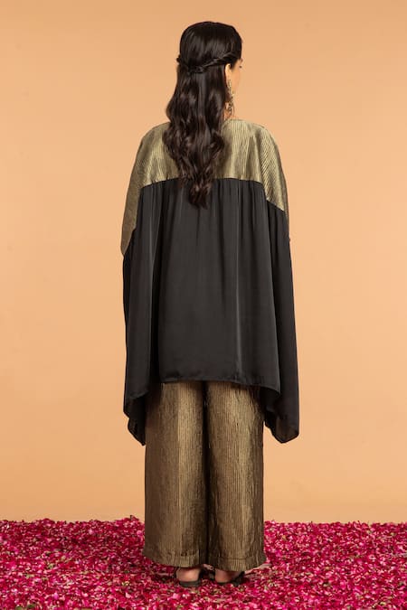 Shop Vasstram Black Maheshwari Zari, Embroidery Round Neck Gulab Buti Yoke Short Kaftan at Aza Fashions Shop_Vasstram_Black Maheshwari Zari, Embroidery Round Neck Gulab Buti Yoke Short Kaftan _at_Aza_Fashions