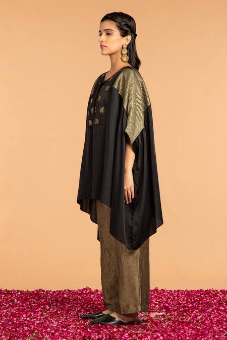 Vasstram Black Maheshwari Zari, Embroidery Round Neck Gulab Buti Yoke Short Kaftan Online at Aza Fashions Vasstram_Black Maheshwari Zari, Embroidery Round Neck Gulab Buti Yoke Short Kaftan _Online_at_Aza_Fashions