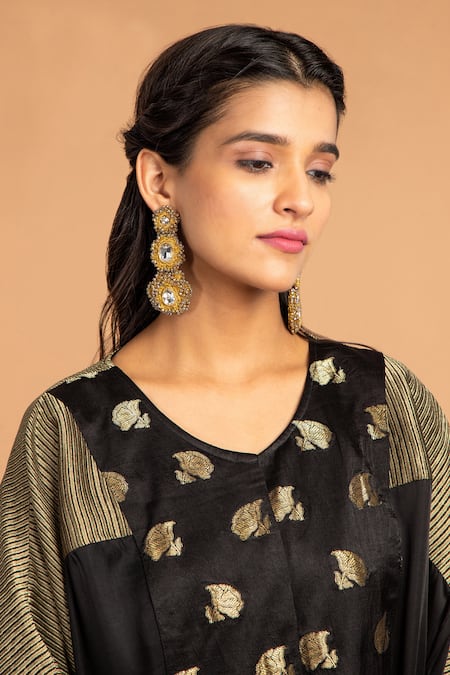 Shop Vasstram Black Maheshwari Zari, Embroidery Round Neck Gulab Buti Yoke Short Kaftan Online at Aza Fashions Shop_Vasstram_Black Maheshwari Zari, Embroidery Round Neck Gulab Buti Yoke Short Kaftan _Online_at_Aza_Fashions