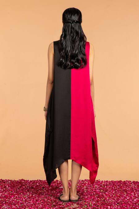 Shop_Vasstram_Magenta Modal, Satin V-neck Ganga Jamuna Asymmetrical Dress _at_Aza_Fashions