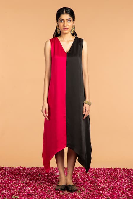 Buy_Vasstram_Magenta Modal, Satin V-neck Ganga Jamuna Asymmetrical Dress _Online_at_Aza_Fashions