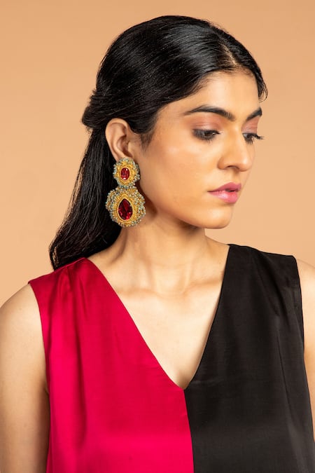 Shop_Vasstram_Magenta Modal, Satin V-neck Ganga Jamuna Asymmetrical Dress _Online_at_Aza_Fashions