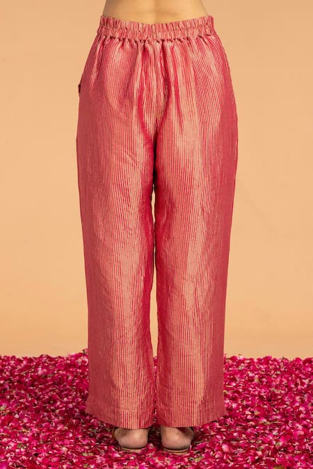 Shop Vasstram Magenta Silk Zari Stripe Embroidered Straight Pant at Aza Fashions Shop_Vasstram_Magenta Silk Zari Stripe Embroidered Straight Pant _at_Aza_Fashions
