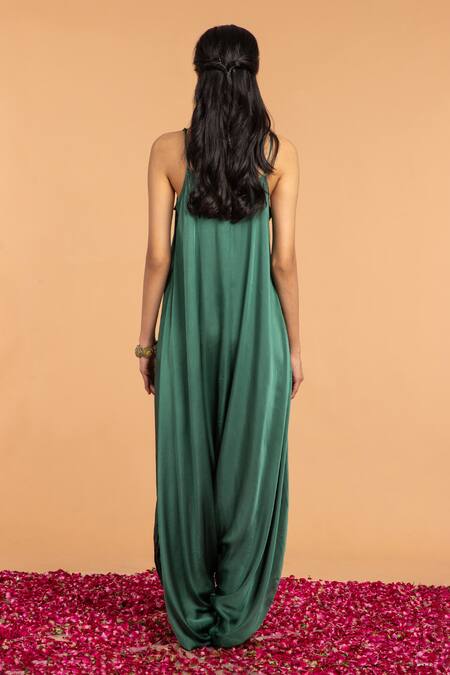 Shop_Vasstram_Green Modal Satin Scoop Solid Asymmetric Dhoti Jumpsuit_at_Aza_Fashions