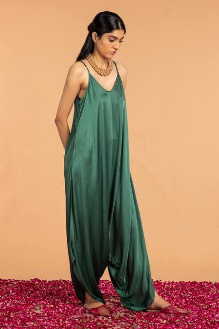 Vasstram_Green Modal Satin Scoop Solid Asymmetric Dhoti Jumpsuit_Online_at_Aza_Fashions
