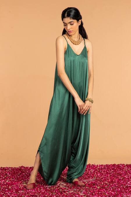 Buy_Vasstram_Green Modal Satin Scoop Solid Asymmetric Dhoti Jumpsuit_Online_at_Aza_Fashions