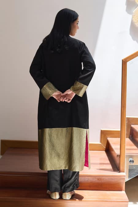 Shop Vasstram Gold Cotton Zari Open Neck Nargis Embroidered Long Jacket at Aza Fashions Shop_Vasstram_Gold Cotton Zari Open Neck Nargis Embroidered Long Jacket _at_Aza_Fashions