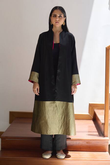 Vasstram Gold Cotton Zari Open Neck Nargis Embroidered Long Jacket Online at Aza Fashions Vasstram_Gold Cotton Zari Open Neck Nargis Embroidered Long Jacket _Online_at_Aza_Fashions