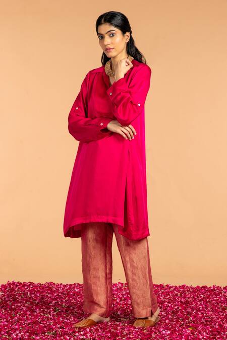 Buy_Vasstram_Magenta Modal Satin Collar Classic Asymmetric Kurti_Online_at_Aza_Fashions