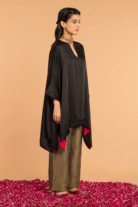 Buy_Vasstram_Black Modal Satin Notched Asymmetric V-neck Short Tunic_Online_at_Aza_Fashions