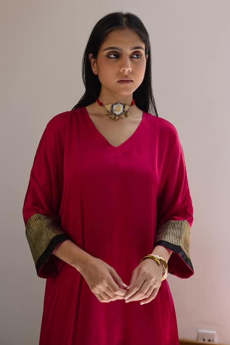 Vasstram_Magenta Modal, Satin Zari V-neck Heena Embroidered Layer Kaftan _Online_at_Aza_Fashions