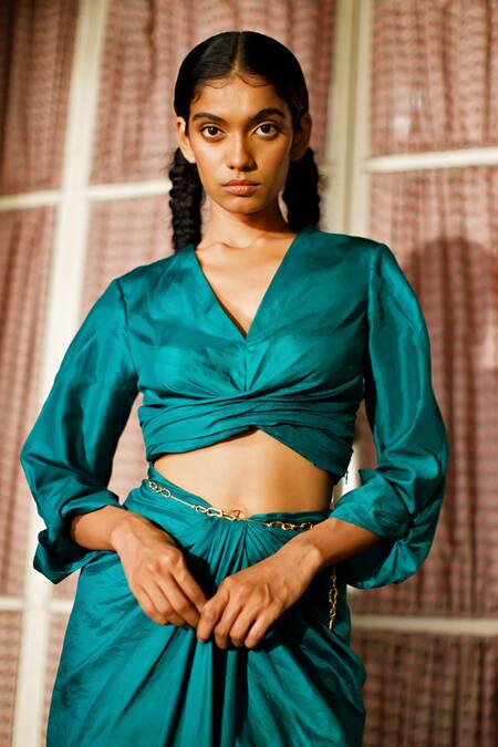 Zwaan Green Silk V-neck Camellia Draped Top Online at Aza Fashions Zwaan_Green Silk V-neck Camellia Draped Top _Online_at_Aza_Fashions