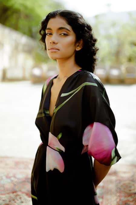 Zwaan_Black Silk V-neck Clara Floral Print Dress _Online_at_Aza_Fashions