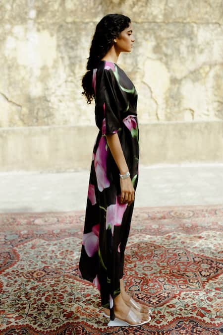 Buy_Zwaan_Black Silk V-neck Clara Floral Print Dress _Online_at_Aza_Fashions