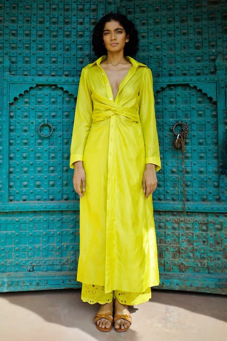 Zwaan Yellow Silk Collared Cynthia Draped Long Shirt Online at Aza Fashions Zwaan_Yellow Silk Collared Cynthia Draped Long Shirt _Online_at_Aza_Fashions