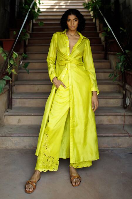 Buy Zwaan Yellow Silk Cynthia Cutwork Embroidered Pant Online at Aza Fashions Buy_Zwaan_Yellow Silk Cynthia Cutwork Embroidered Pant _Online_at_Aza_Fashions