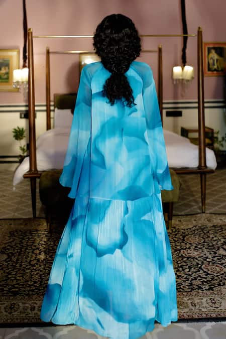 Shop Zwaan Blue Silk, Polyester V-neck Daphne Abstract Print Dress at Aza Fashions Shop_Zwaan_Blue Silk, Polyester V-neck Daphne Abstract Print Dress _at_Aza_Fashions