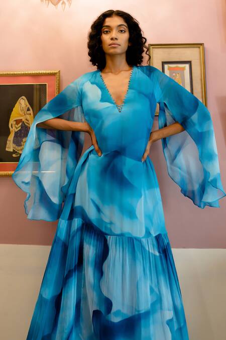 Buy Zwaan Blue Silk, Polyester V-neck Daphne Abstract Print Dress Online at Aza Fashions Buy_Zwaan_Blue Silk, Polyester V-neck Daphne Abstract Print Dress _Online_at_Aza_Fashions