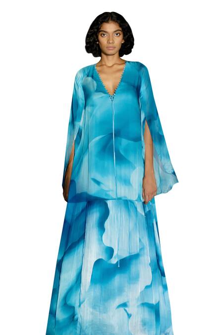 Zwaan Blue Silk, Polyester V-neck Daphne Abstract Print Dress at Aza Fashions Zwaan_Blue Silk, Polyester V-neck Daphne Abstract Print Dress _at_Aza_Fashions