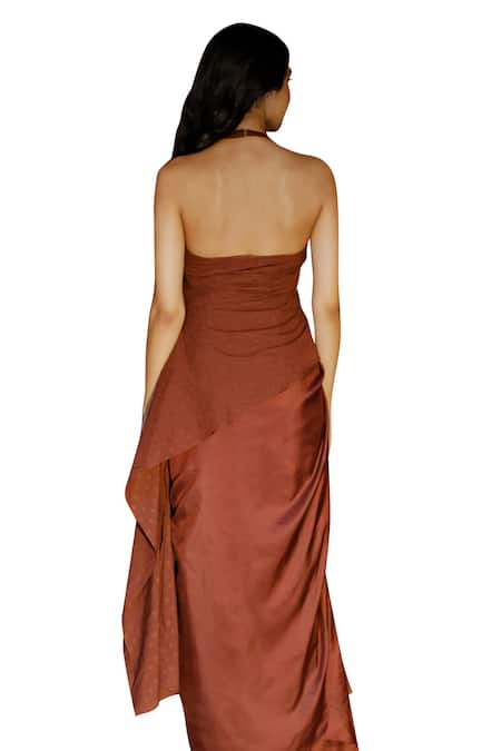 Zwaan Brown Silk, Linen Gaia Draped Slit Skirt Online at Aza Fashions Zwaan_Brown Silk, Linen Gaia Draped Slit Skirt _Online_at_Aza_Fashions