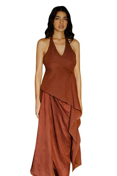 Buy Zwaan Brown Silk, Linen Gaia Draped Slit Skirt Online at Aza Fashions Buy_Zwaan_Brown Silk, Linen Gaia Draped Slit Skirt _Online_at_Aza_Fashions