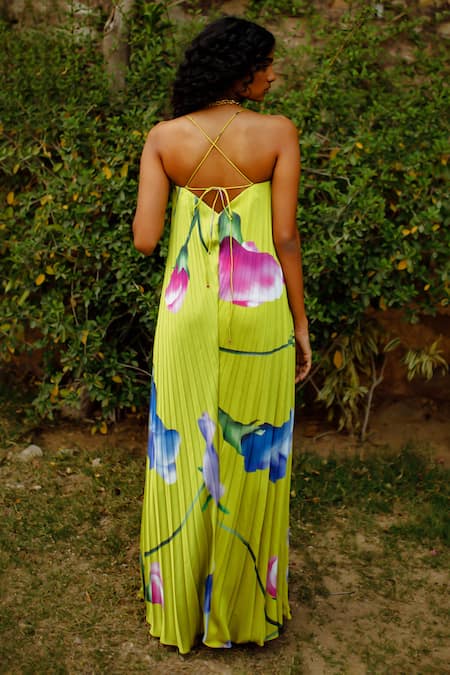 Shop Zwaan Green Satin V-neck Junie Floral Print Pleated Dress at Aza Fashions Shop_Zwaan_Green Satin V-neck Junie Floral Print Pleated Dress _at_Aza_Fashions