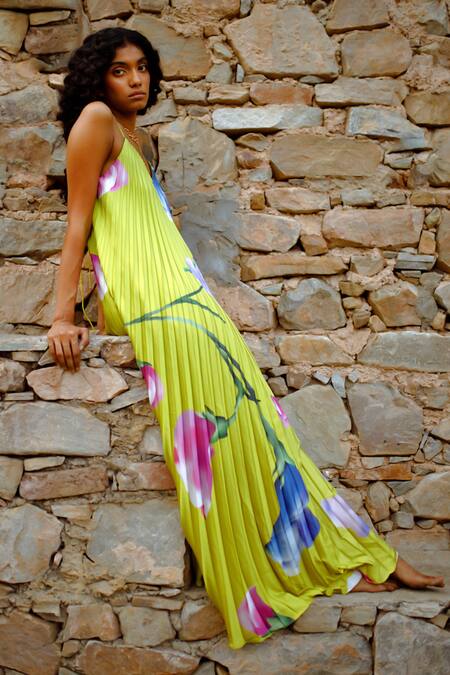 Shop Zwaan Green Satin V-neck Junie Floral Print Pleated Dress Online at Aza Fashions Shop_Zwaan_Green Satin V-neck Junie Floral Print Pleated Dress _Online_at_Aza_Fashions