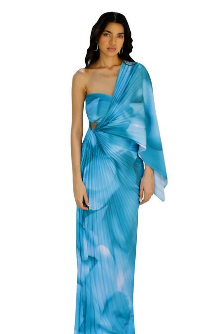 Zwaan Blue Satin Sweetheart Neck Meadow Print Pleated Drape Skirt With Bustier Online at Aza Fashions Zwaan_Blue Satin Sweetheart Neck Meadow Print Pleated Drape Skirt With Bustier _Online_at_Aza_Fashions