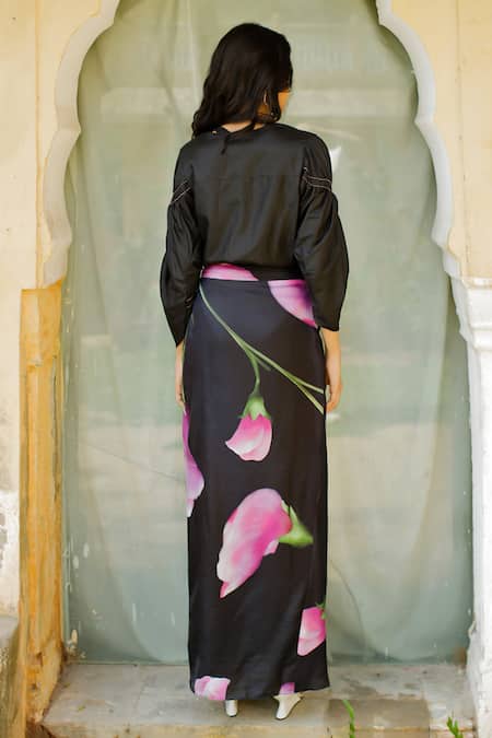 Shop Zwaan Black Silk Ophelia Floral Print Draped Skirt at Aza Fashions Shop_Zwaan_Black Silk Ophelia Floral Print Draped Skirt _at_Aza_Fashions