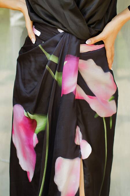 Zwaan Black Silk Ophelia Floral Print Draped Skirt Online at Aza Fashions Zwaan_Black Silk Ophelia Floral Print Draped Skirt _Online_at_Aza_Fashions