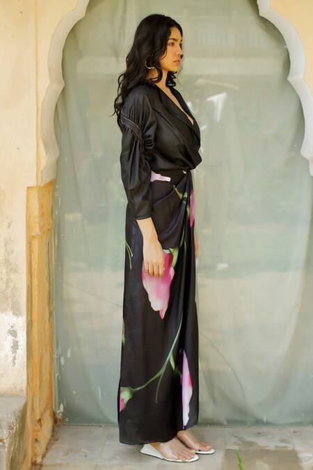 Zwaan Black Silk Ophelia Floral Print Draped Skirt at Aza Fashions Zwaan_Black Silk Ophelia Floral Print Draped Skirt _at_Aza_Fashions