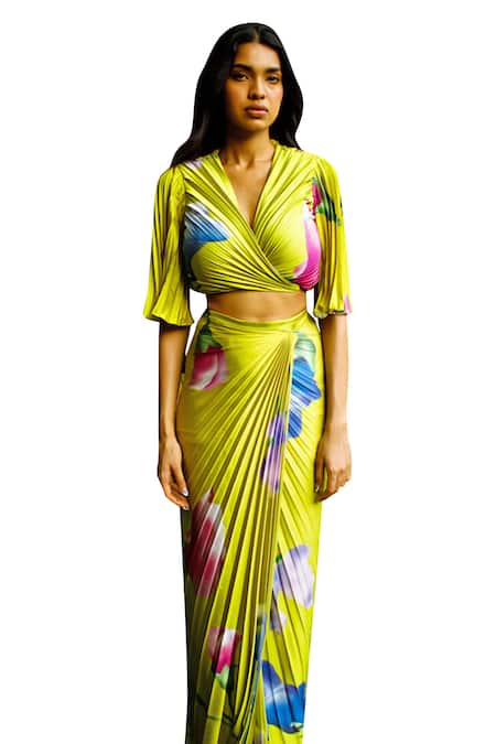 Zwaan_Green Satin V-neck Savannah Floral Print Wrap Top _Online_at_Aza_Fashions