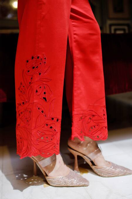 Buy_Zwaan_Red Cotton Embroidery Spencer Floral Cutwork Pant _Online_at_Aza_Fashions