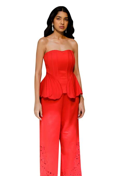 Shop_Zwaan_Red Cotton Embroidery Spencer Floral Cutwork Pant _Online_at_Aza_Fashions