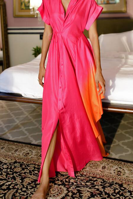 Buy_Zwaan_Pink Silk Collared Veronica Ombre Panel Shirt Dress _Online_at_Aza_Fashions