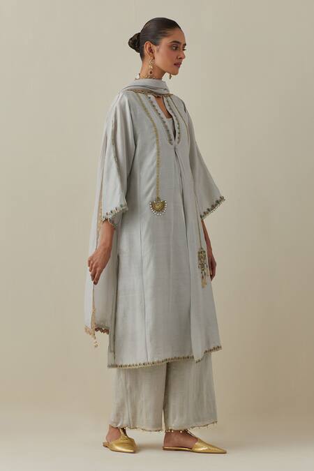Shop Bunka Grey Silk, Chanderi, Tissue Zari, Stones V-neck Ambreen Work Kurta Pant Set Online at Aza Fashions Shop_Bunka_Grey Silk, Chanderi, Tissue Zari, Stones V-neck Ambreen Work Kurta Pant Set _Online_at_Aza_Fashions