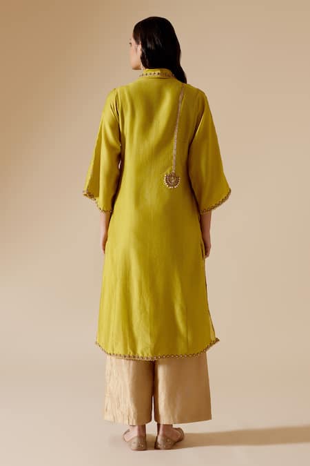 Shop Bunka Yellow Silk, Chanderi, Tissue Zari, Stones Ambreen Embroidered Kurta Pant Set at Aza Fashions Shop_Bunka_Yellow Silk, Chanderi, Tissue Zari, Stones Ambreen Embroidered Kurta Pant Set _at_Aza_Fashions