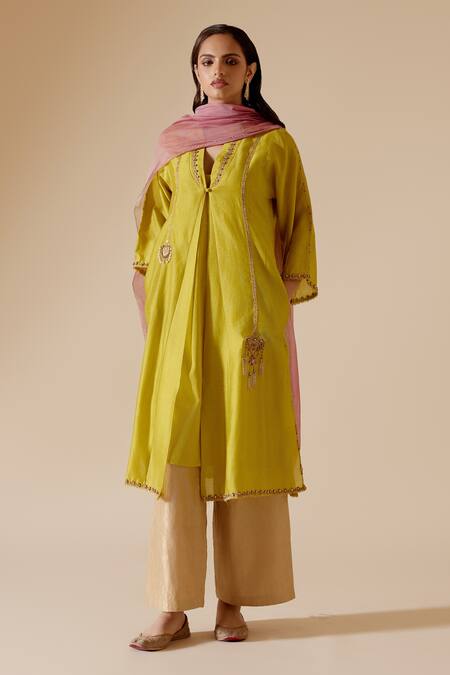 Bunka Yellow Silk, Chanderi, Tissue Zari, Stones Ambreen Embroidered Kurta Pant Set Online at Aza Fashions Bunka_Yellow Silk, Chanderi, Tissue Zari, Stones Ambreen Embroidered Kurta Pant Set _Online_at_Aza_Fashions