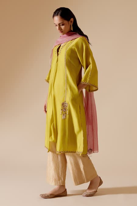 Buy Bunka Yellow Silk, Chanderi, Tissue Zari, Stones Ambreen Embroidered Kurta Pant Set Online at Aza Fashions Buy_Bunka_Yellow Silk, Chanderi, Tissue Zari, Stones Ambreen Embroidered Kurta Pant Set _Online_at_Aza_Fashions
