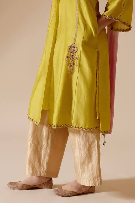 Shop Bunka Yellow Silk, Chanderi, Tissue Zari, Stones Ambreen Embroidered Kurta Pant Set Online at Aza Fashions Shop_Bunka_Yellow Silk, Chanderi, Tissue Zari, Stones Ambreen Embroidered Kurta Pant Set _Online_at_Aza_Fashions