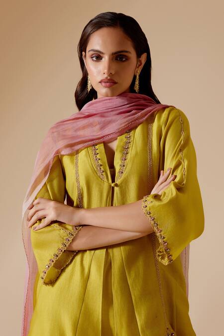 Bunka Yellow Silk, Chanderi, Tissue Zari, Stones Ambreen Embroidered Kurta Pant Set at Aza Fashions Bunka_Yellow Silk, Chanderi, Tissue Zari, Stones Ambreen Embroidered Kurta Pant Set _at_Aza_Fashions